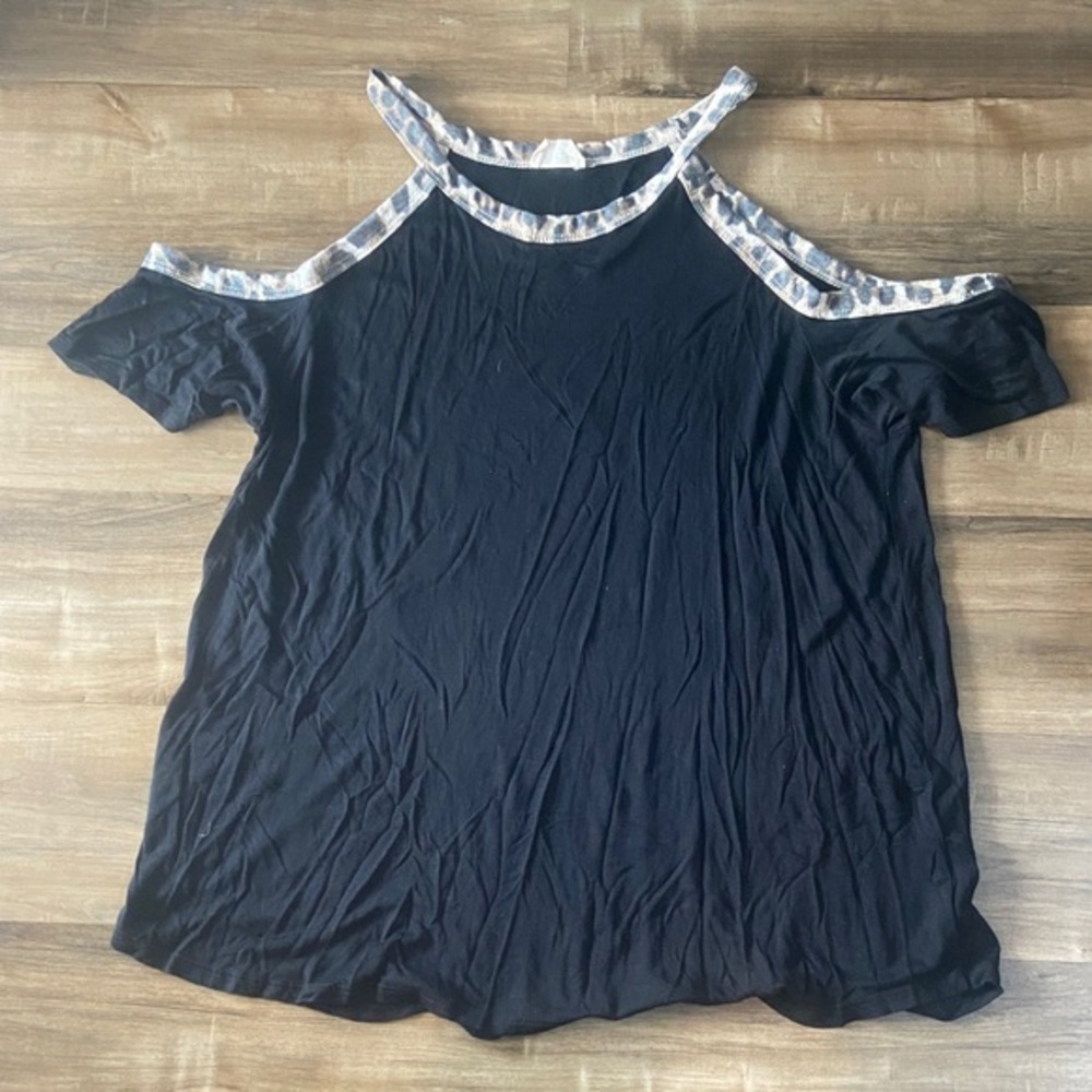 BiBi Black Cold Shoulder Top with Leopard Trim